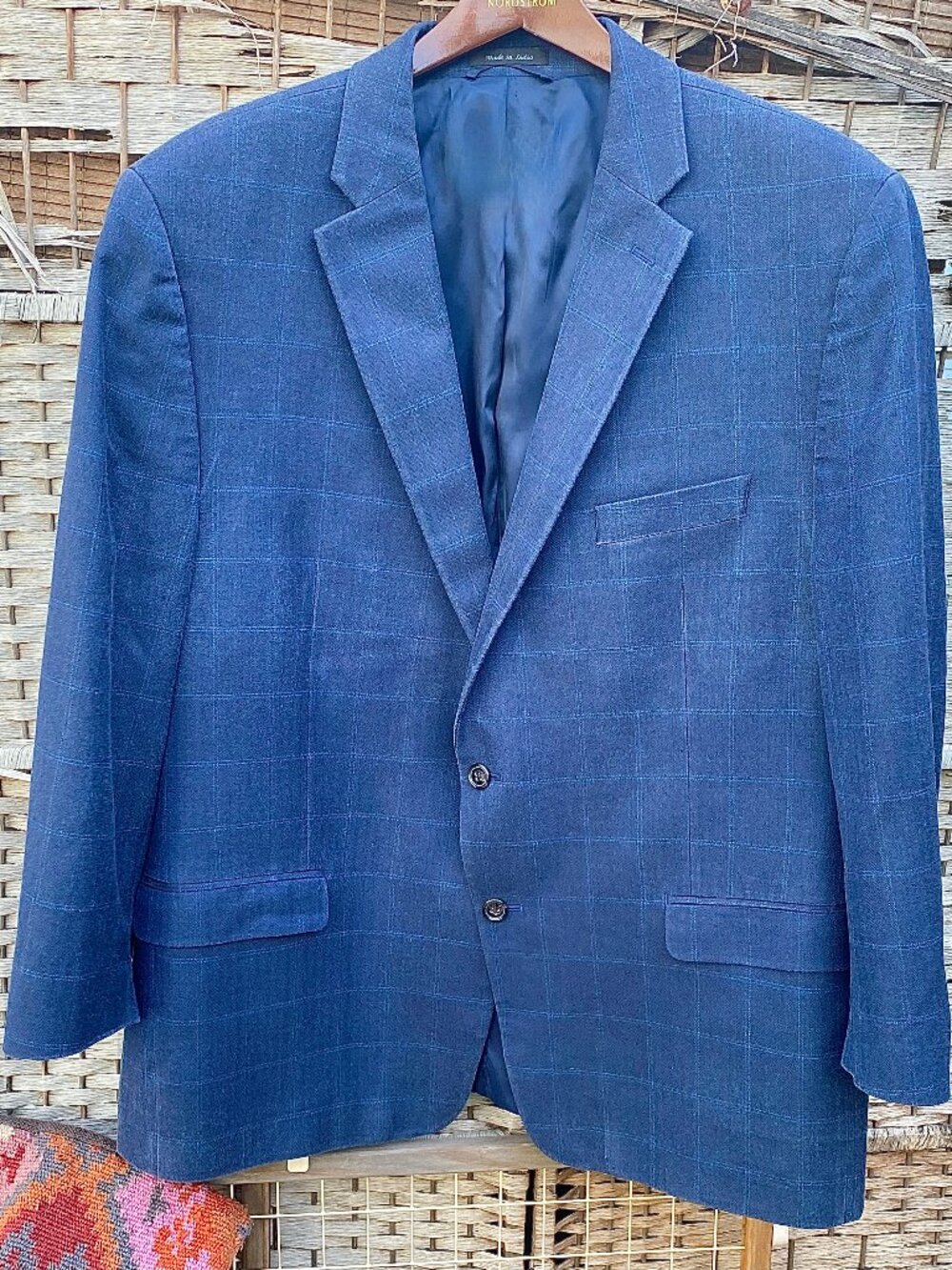 Lauren Ralph Lauren Blue Blazer Sport Coat Windowpane Plaid Silk Wool 48R